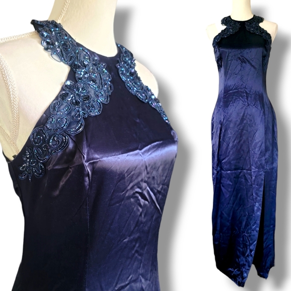 NWT Vintage Jessica McClintock Gunne Beaded Satin Halter Maxi Dress Blue Medium‎ - Picture 1 of 12
